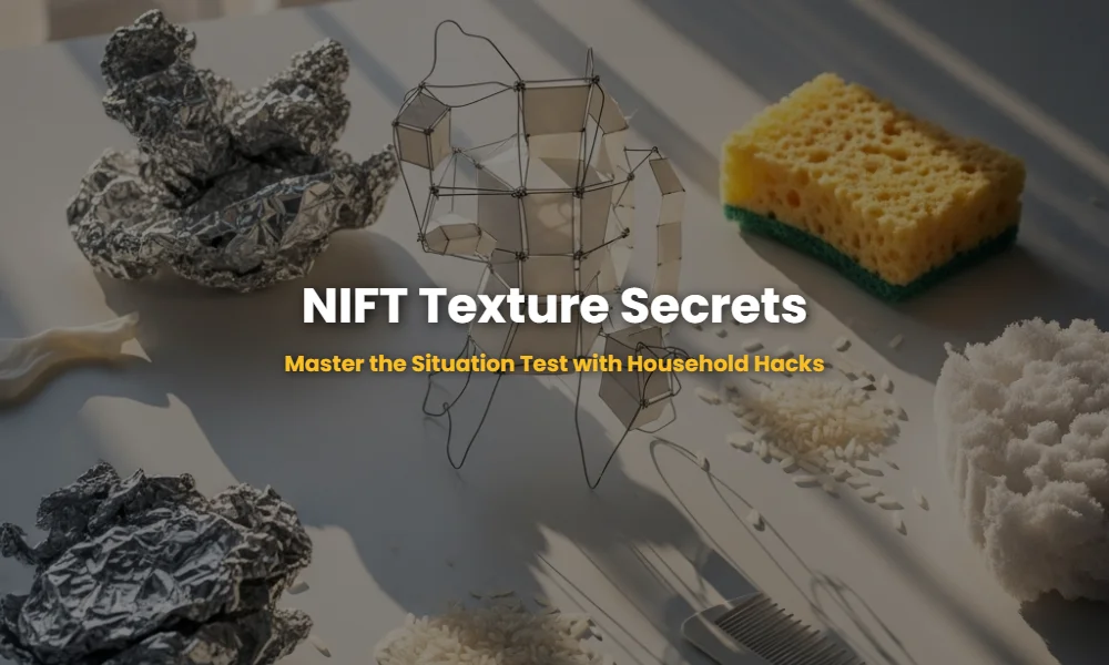 A creative workspace showing NIFT model-making techniques using household items like foil and sponges for texture manipulation.