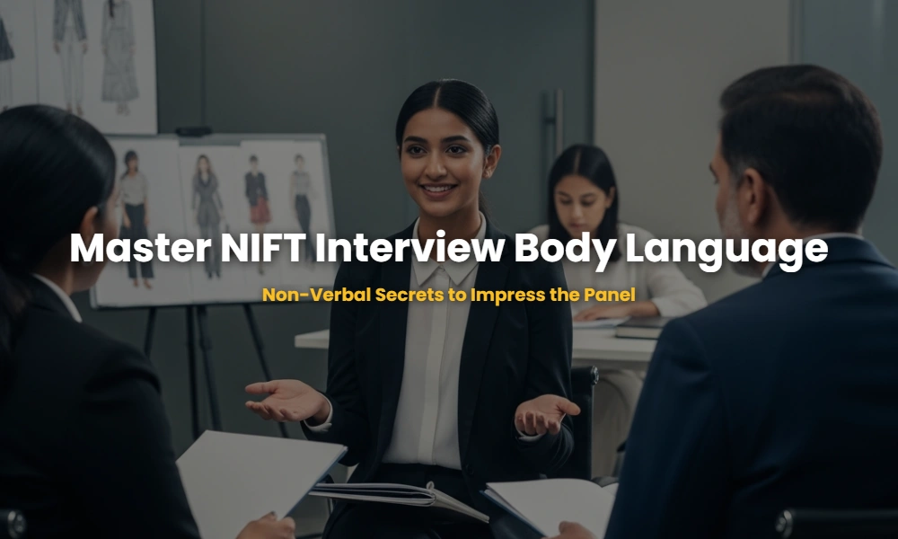 A candidate showing confident body language during a NIFT faculty interview with a design portfolio.