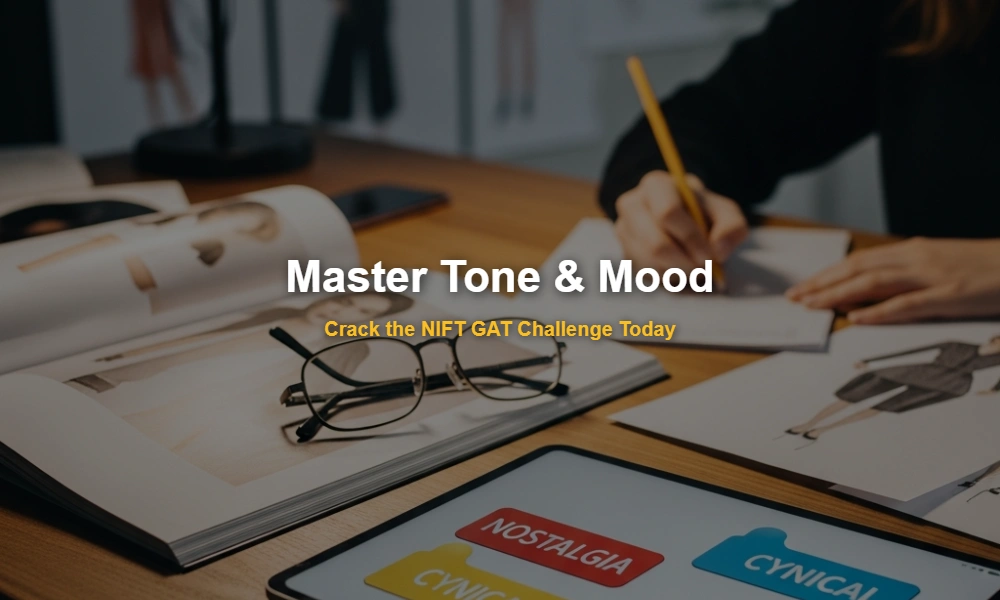 Minimalist workspace with design magazine and interactive NIFT prep flashcards