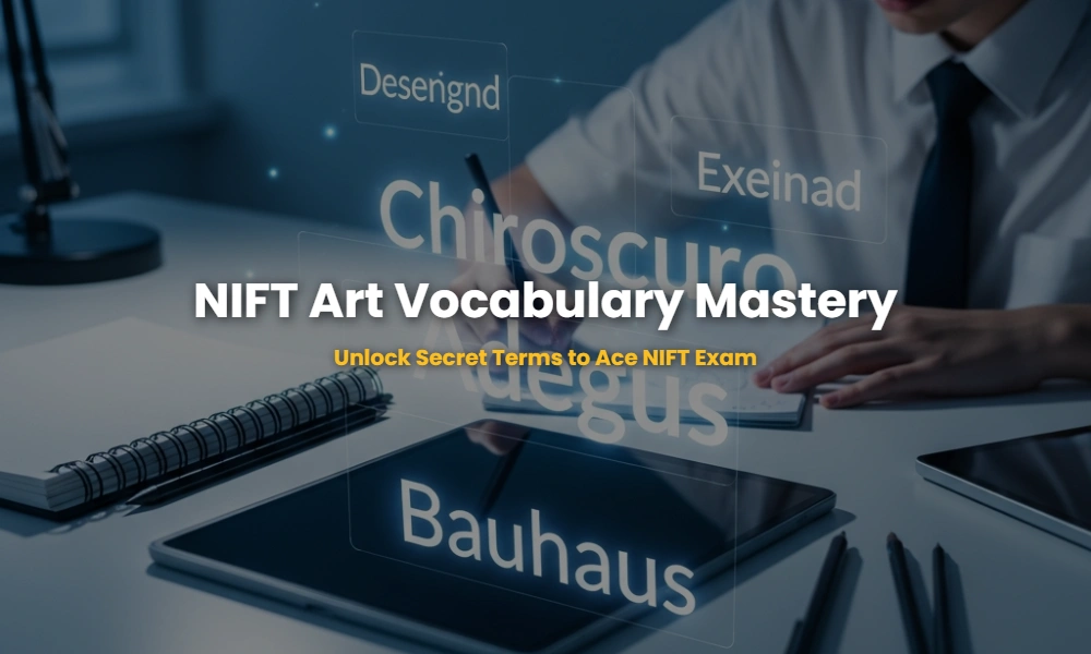 Minimalist designer desk with floating holographic art vocabulary terms for NIFT preparation.