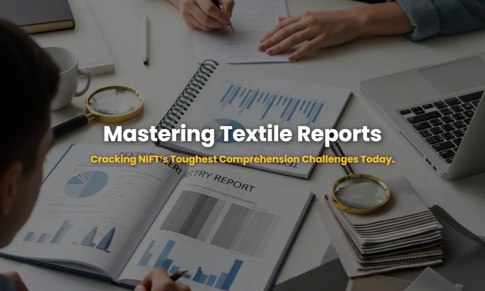 Textile industry reports and fabric swatches on a designer's desk for NIFT exam preparation.