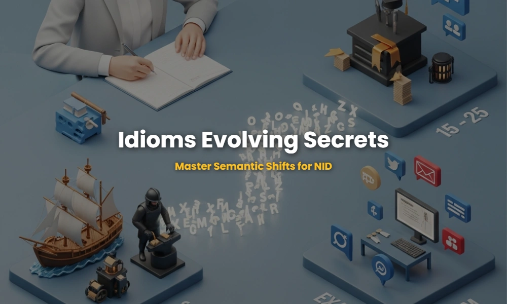 Isometric infographic showing the historical evolution of English idioms from literal nautical roots to modern metaphorical meanings for NID exam preparation.