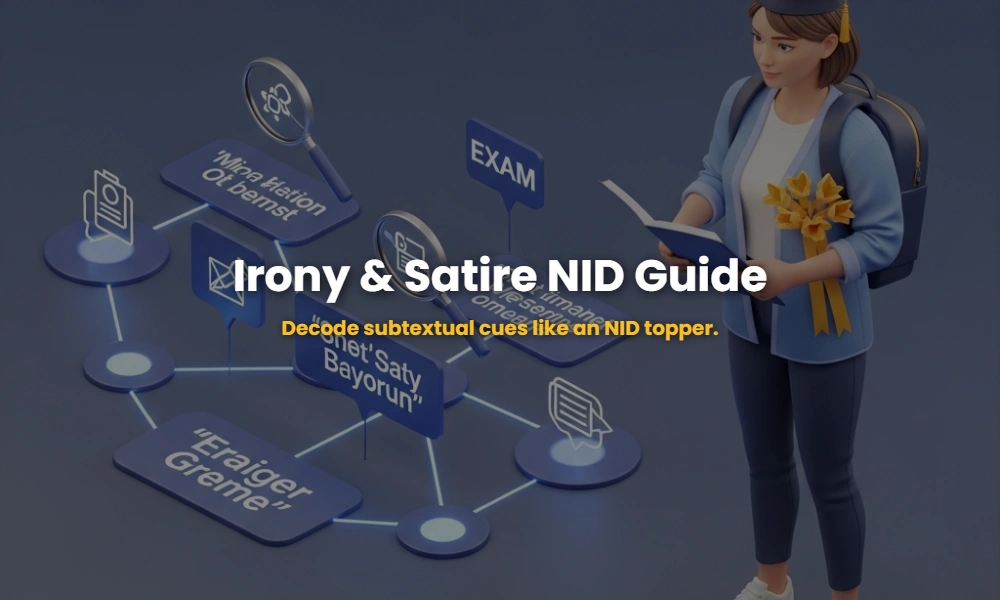 A detailed 3D infographic flowchart deconstructing the mechanics of irony and satire for NID design students.