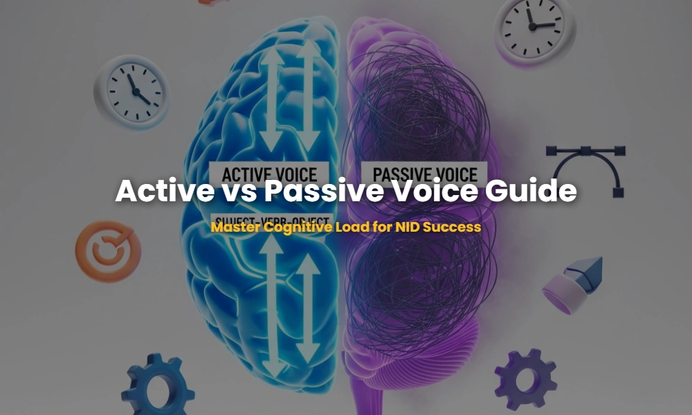 3D Infographic comparing active vs passive voice cognitive load on the human brain for technical instructions.