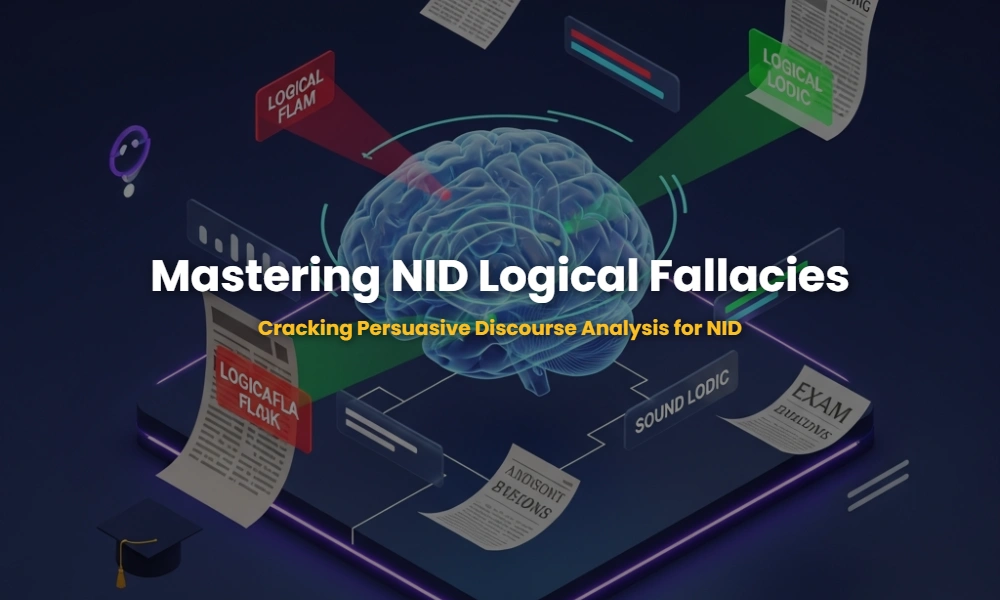 Animated 3D infographic showing a brain analyzing logical fallacies in editorial text for NID preparation.