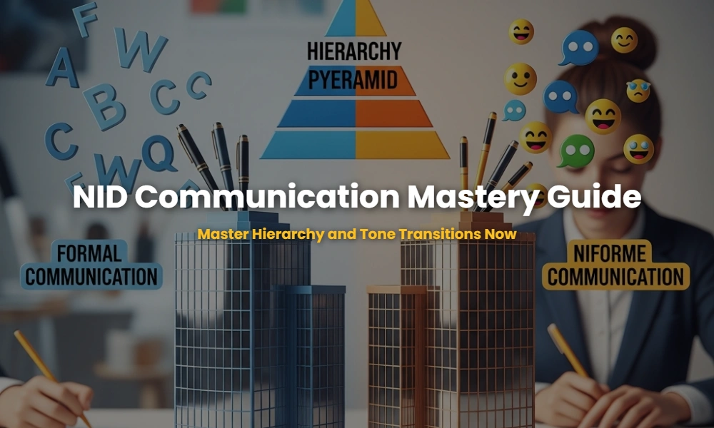 A visual representation of formal versus informal business communication hierarchy and tone transition for NID exam preparation.