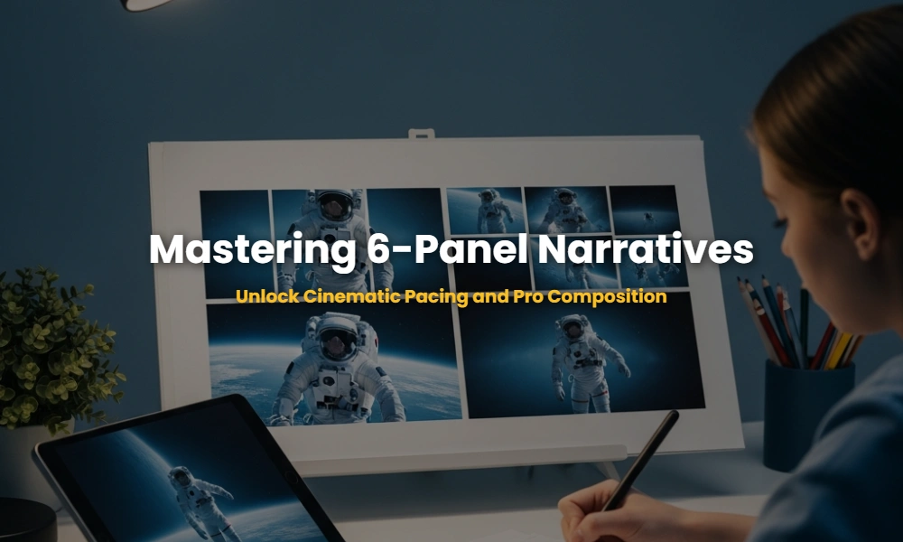 6-panel narrative sequence storyboard illustrating cinematic pacing and frame composition for NID exam preparation.