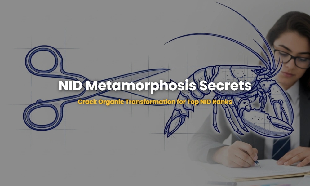 Step-by-step metamorphosis illustration of a scissor transforming into a lobster for NID exam preparation.