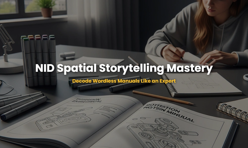 Minimalist designer desk with a wordless instruction manual showing spatial storytelling and POV shifts for NID preparation.