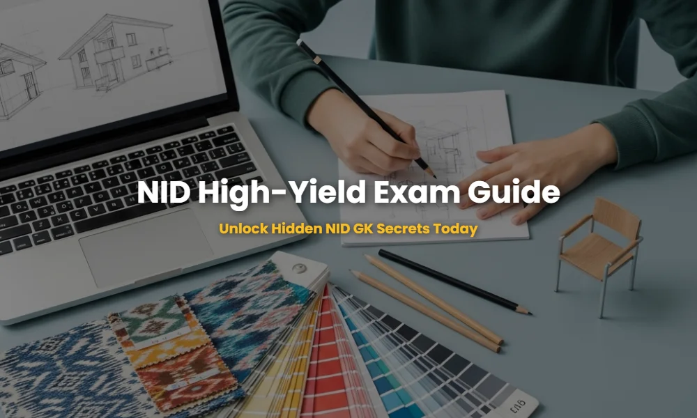 Essential NID design awareness study materials including color palettes, fabric swatches, and design models on a professional workspace.