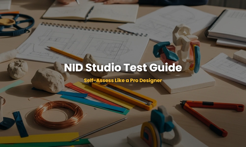 A professional designer's desk with NID Studio Test materials including clay, wire, and sketches for mock exercise evaluation.