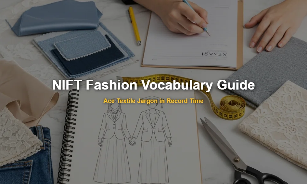 Aesthetic flat lay of fashion textiles and design tools for NIFT vocabulary study.