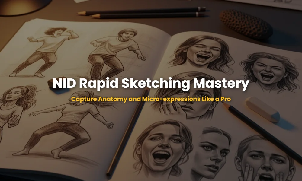 Expert NID rapid sketches showing human anatomy and micro-expressions on a design student's desk.
