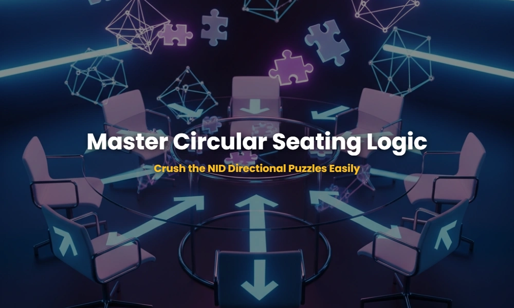 3D visualization of a complex circular seating arrangement with directional arrows for NID exam logic preparation.