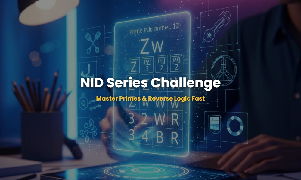 Interactive 3D flashcard showing a mixed alphabetic and numeric series for NID exam preparation.