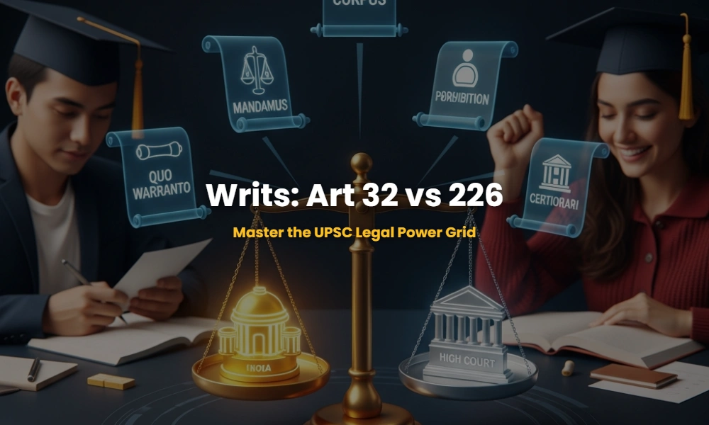 A 3D comparative infographic showing the powers of Supreme Court under Article 32 vs High Court under Article 226 for the Five Writs in Indian Constitution.