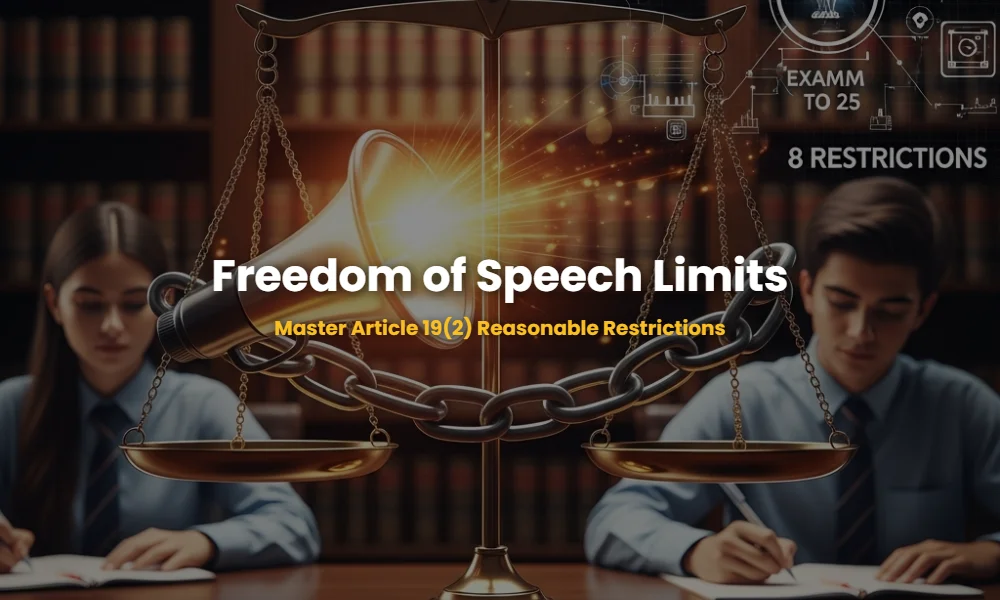 Infographic illustration showing the balance between Freedom of Speech and Article 19(2) Reasonable Restrictions in India.