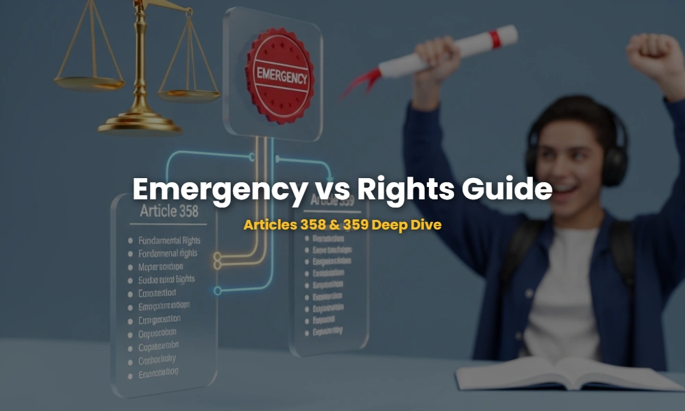 Visual flowchart comparing Article 358 and 359 impacts on Fundamental Rights during National Emergency for UPSC.