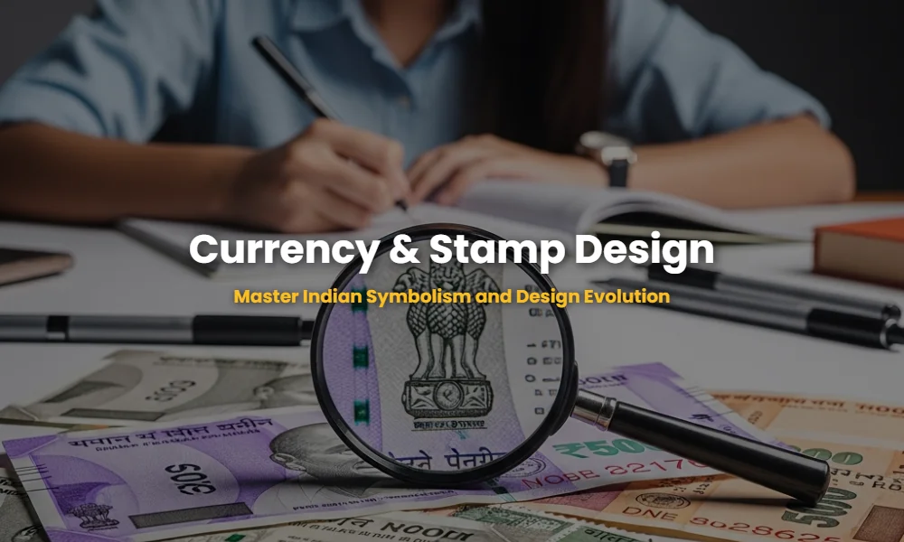 Detailed view of Indian currency and stamps showing design evolution and symbols for NID preparation.
