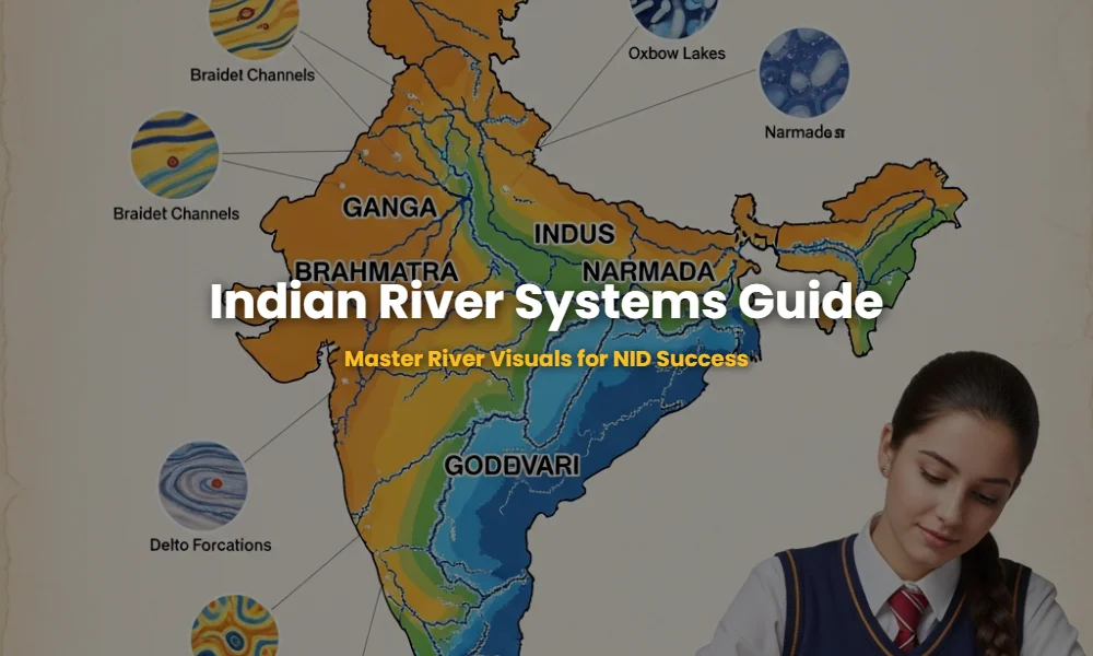 Detailed visual map of Indian river systems showing drainage patterns and morphological features for NID exam preparation.