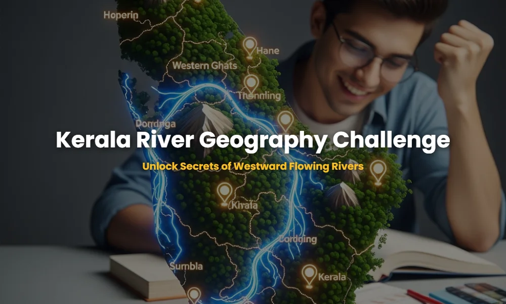 A geographic 3D map showing the westward flowing rivers of Kerala like Periyar and Pamba originating from the Western Ghats for Kerala PSC exam preparation.