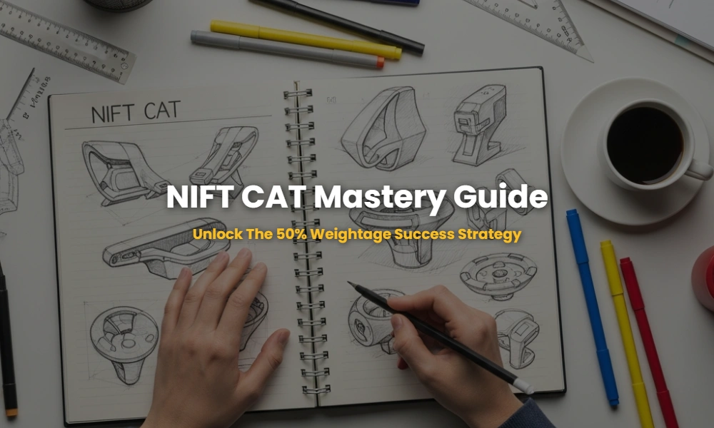 Designer workspace showing NIFT CAT exam preparation materials and creative sketches.