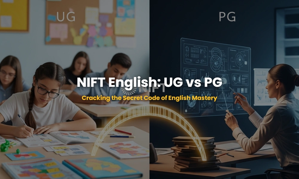 Visual representation of the differences between NIFT UG and PG English requirements showing academic progression.