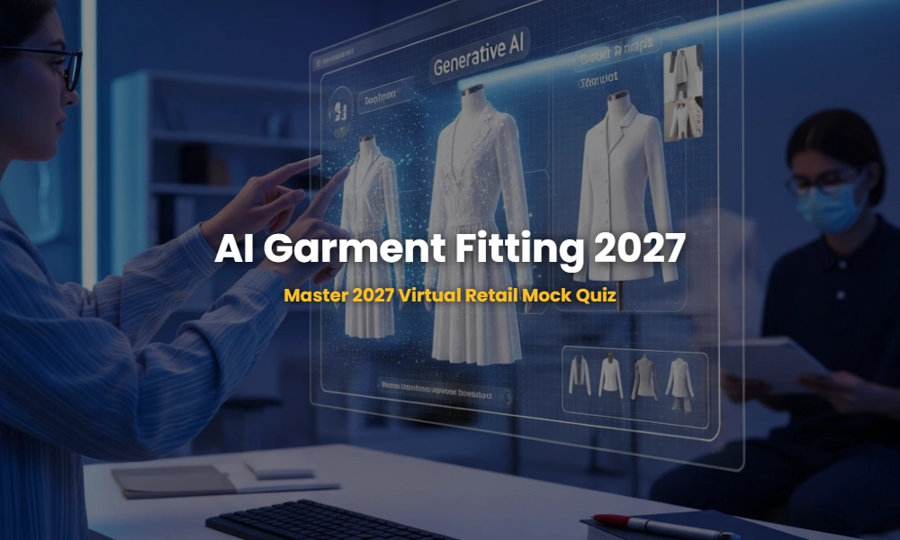 A futuristic NIFT design studio showing Generative AI garment prototyping and virtual fitting technologies for 2027 retail.