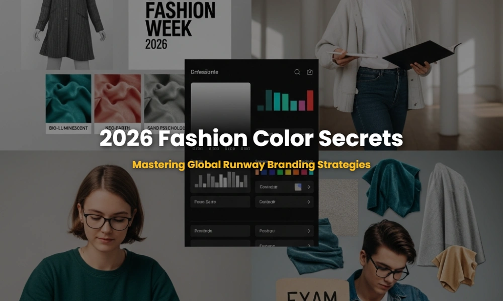 Mood board illustrating 2026 fashion trends including color psychology swatches and branding strategy diagrams for NIFT exam preparation.