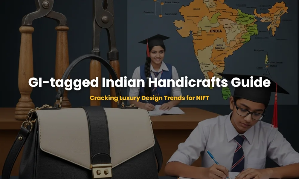 Modern luxury handbag integrating GI-tagged Indian handicrafts like Muga silk and Bidriware silver inlay.