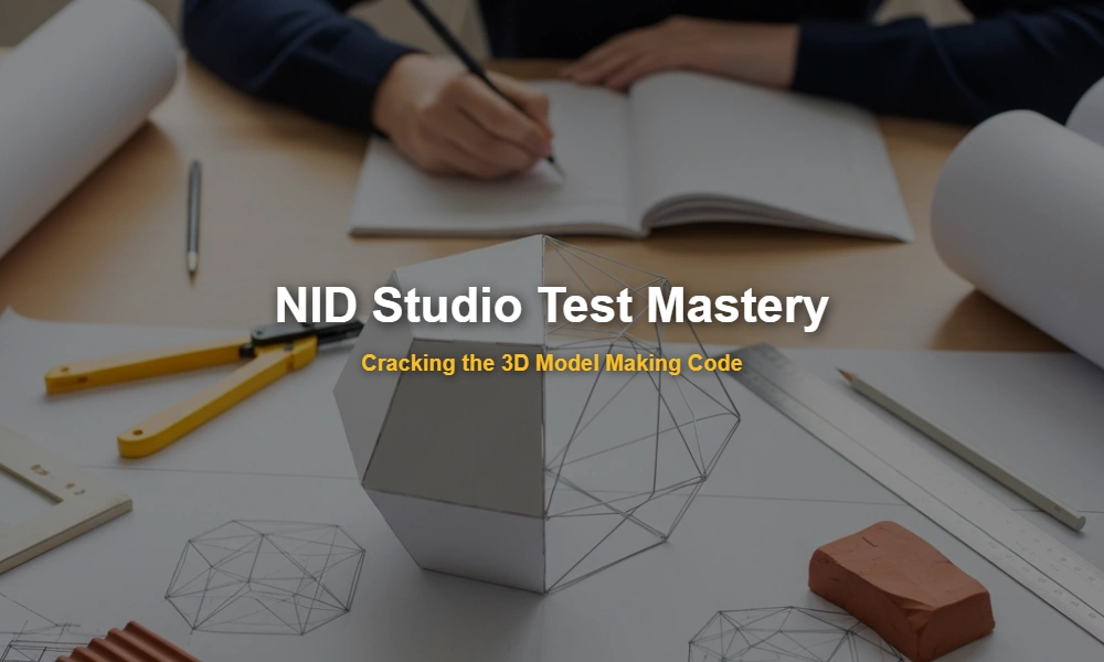 A professional setup for NID Studio Test preparation showing 3D model making tools and a cardstock prototype.