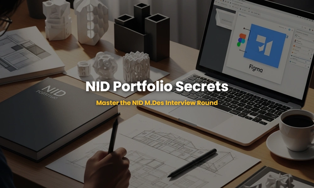 Professional NID M.Des portfolio presentation with sketches and prototypes on a designer's desk.