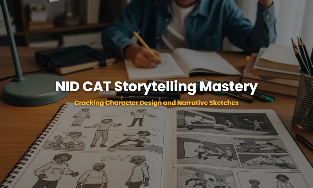 Professional character design and storytelling sketches for NID CAT preparation on a designer's desk.