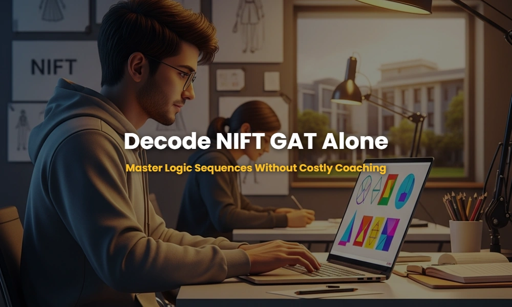 Student decoding NIFT GAT logical reasoning sequences using online video lessons on a laptop.