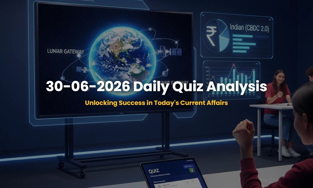 Daily Current Affairs Quiz 30-06-2026 for competitive exams with futuristic space and economy graphics.