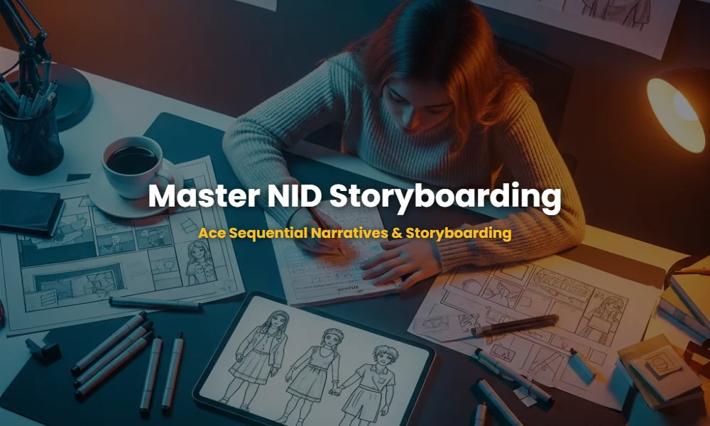 Professional designer desk with storyboard sketches for NID entrance exam preparation.
