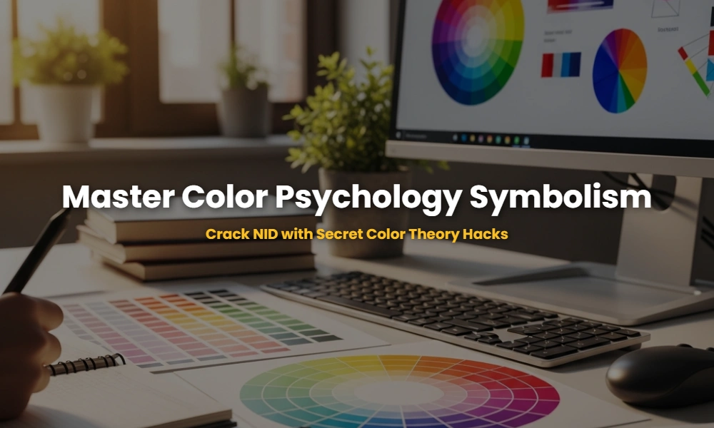 A professional designer's desk showing color wheels and swatches for studying color psychology and symbolic representation in visual communication questions.