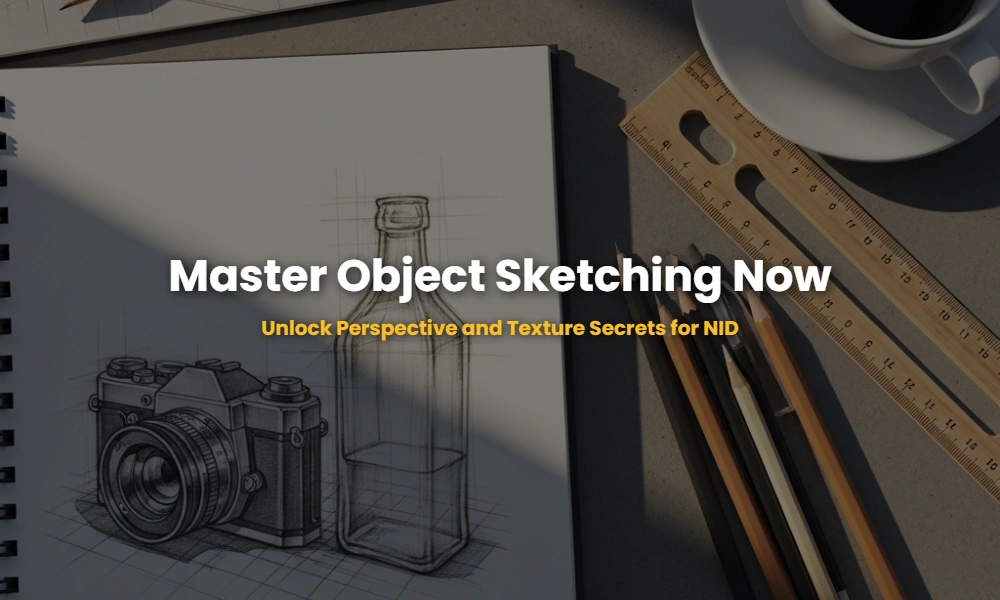 Aesthetic workspace showing observational sketching of everyday objects with perspective lines and texture rendering for NID exam prep.