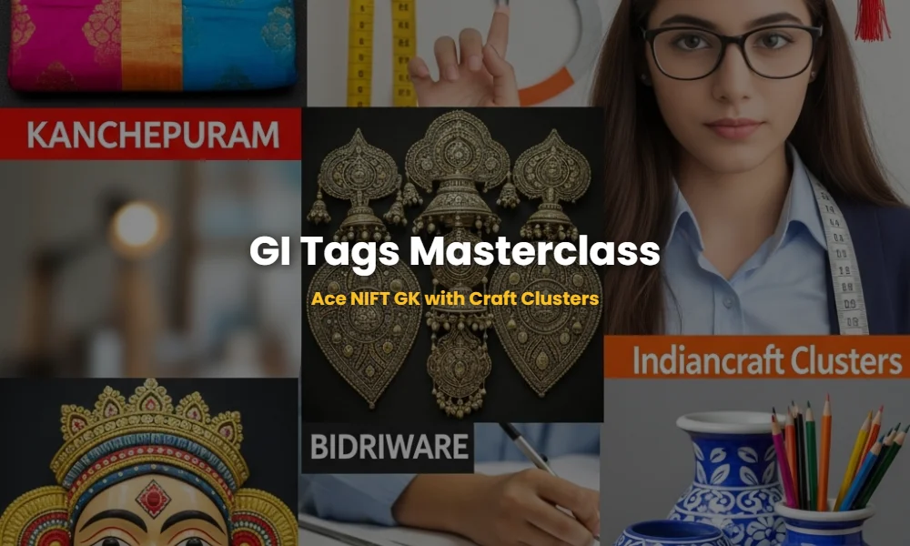 Collage of Indian GI-tagged crafts including textiles, pottery, and masks for NIFT GK preparation.