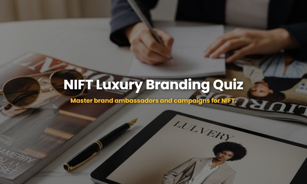 Aesthetic luxury fashion marketing study setup for NIFT exam preparation.