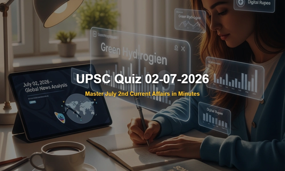 Aesthetic study environment with a tablet showing July 2, 2026 current affairs for UPSC preparation.