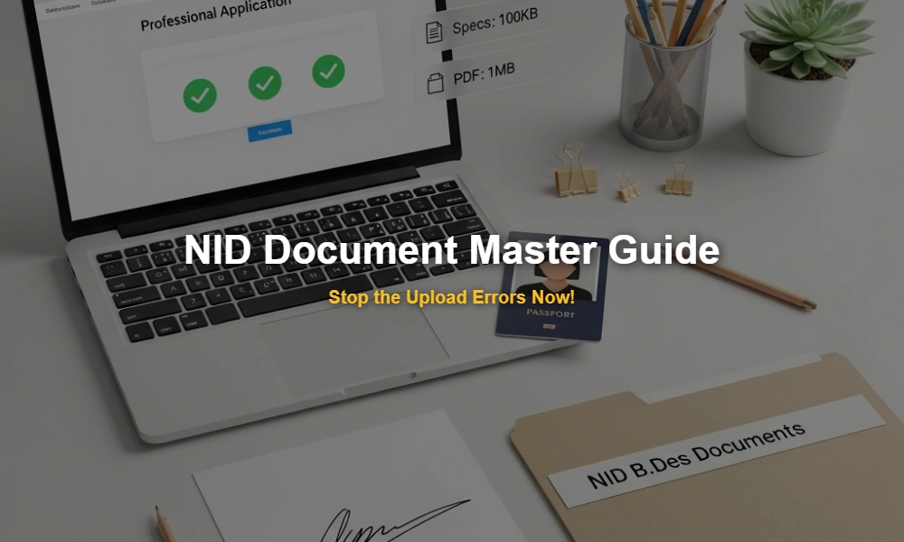 Designer desk showing NID application document checklist including scanned photo, signature, and category certificates.
