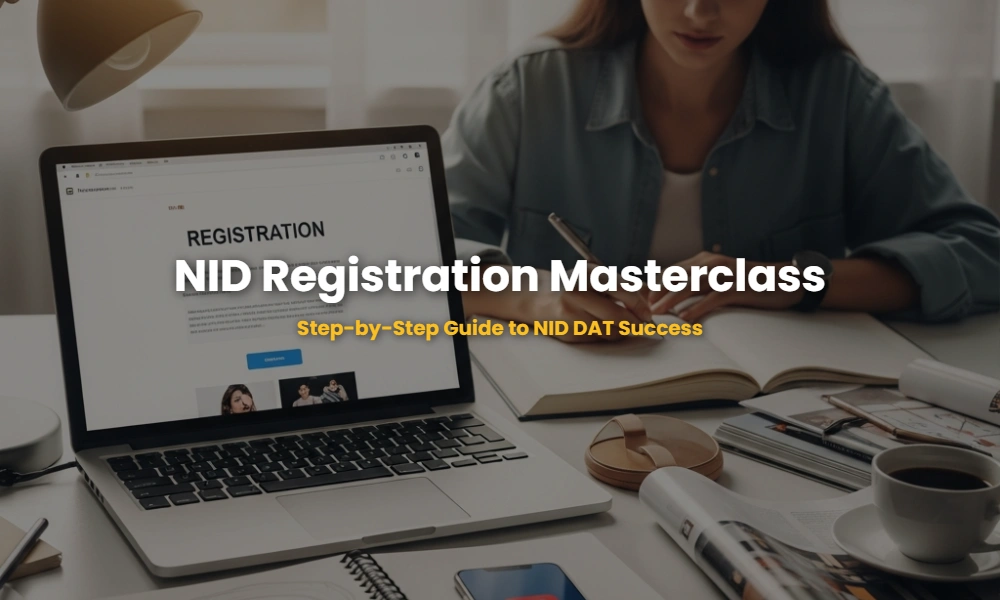 Step-by-step guide to NID DAT online registration interface and design student workspace.