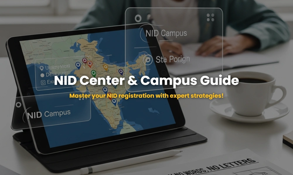 A professional designer desk layout with a tablet showing NID test center locations and NID campus preferences.