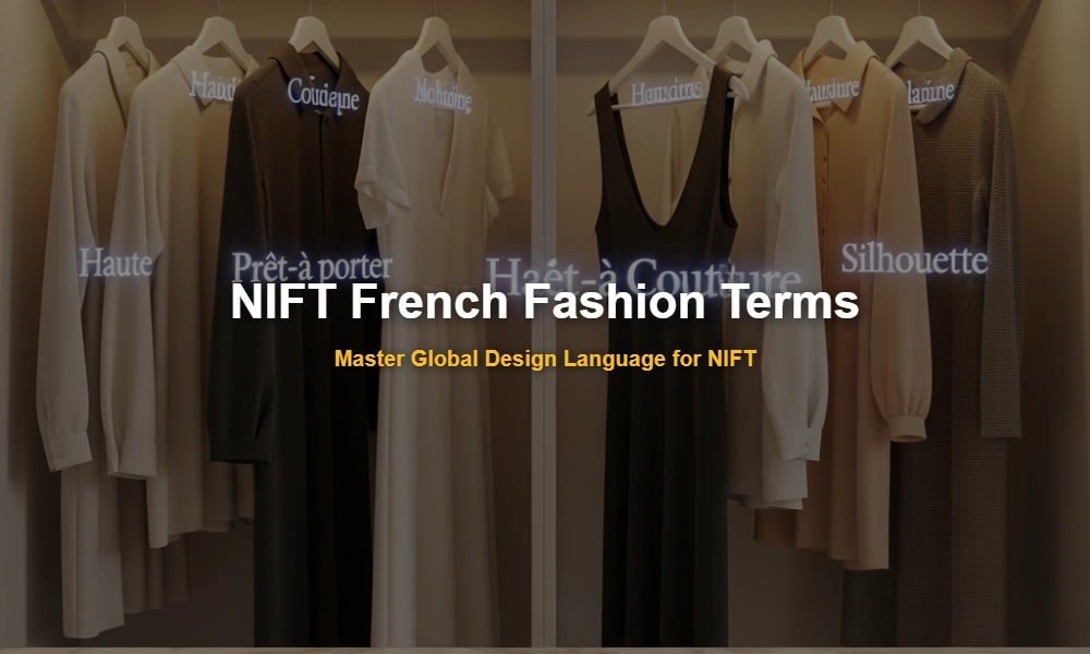 Minimalist closet with French fashion terminology labels and design sketches for NIFT exam preparation.