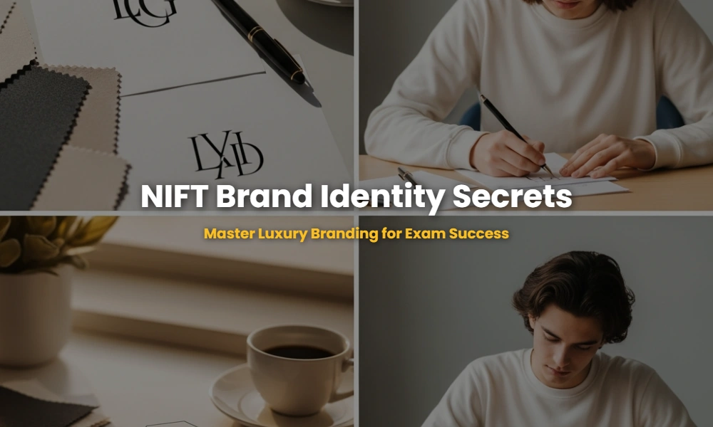Aesthetic collage of luxury brand logos and design sketches for NIFT exam preparation.