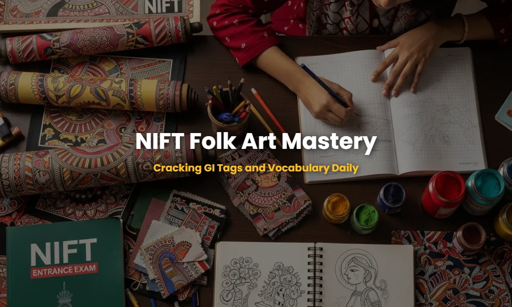 Designer desk with Indian folk art traditions, GI tagged crafts, and NIFT exam preparation materials.