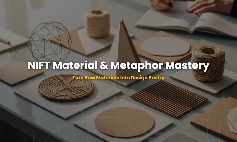 Aesthetic flat lay of NIFT exam modeling materials like jute, wire, and paper on a design desk.