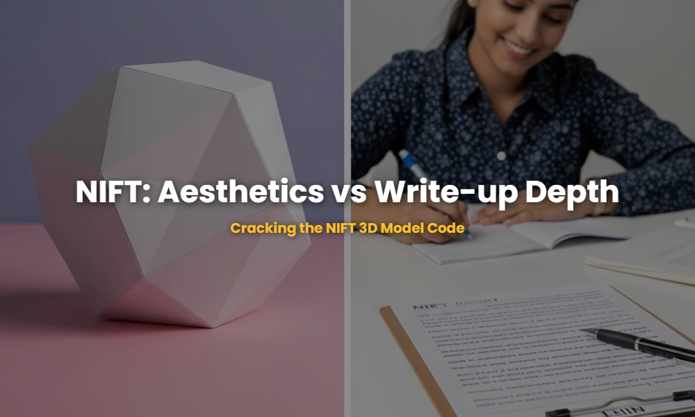 Comparative analysis of NIFT 3D model aesthetics and concept write-up depth on a designer workspace.