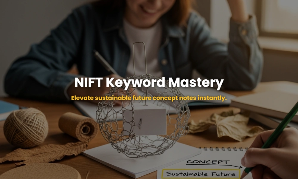 NIFT Situation Test model with concept note and sustainable design terminology on a desk.